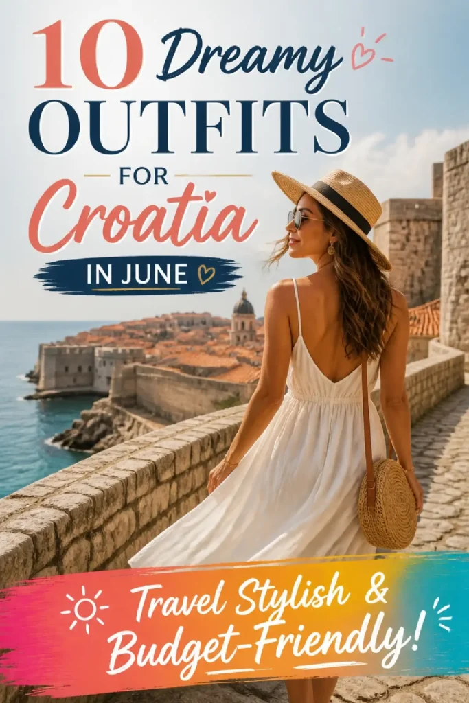 Woman in a white dress and straw hat walking by the coast, showcasing stylish June outfits for Croatia travel.