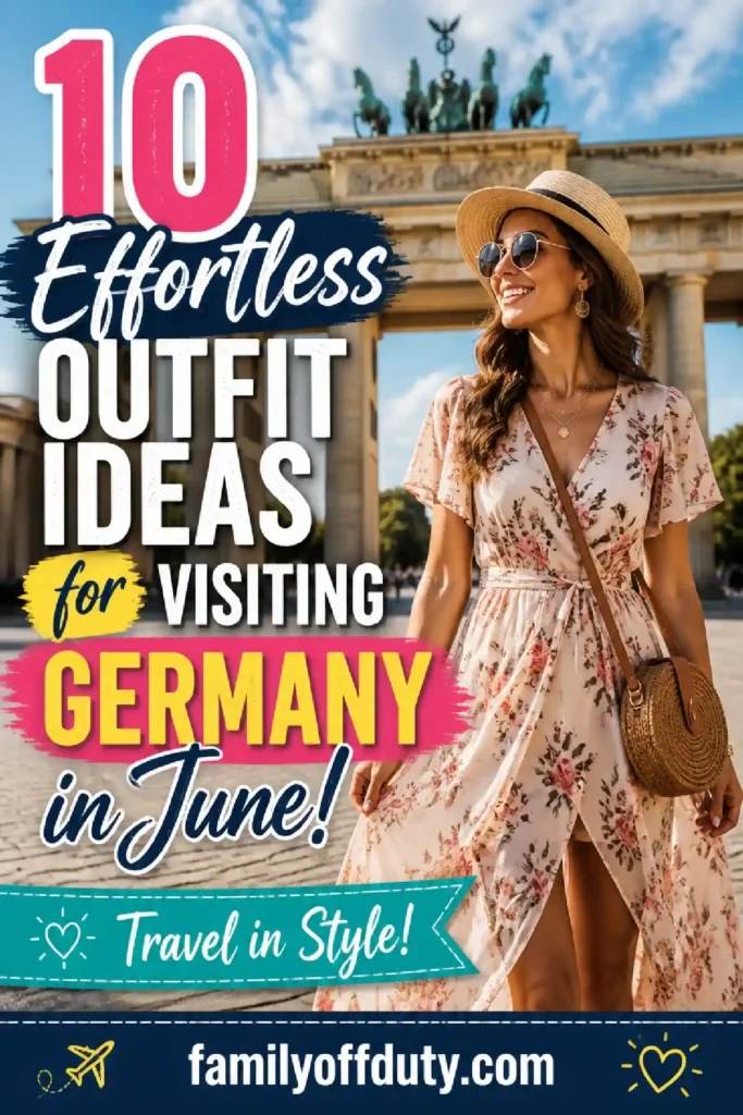 Stylish woman in a floral dress with sunglasses and a hat, promoting outfit ideas for visiting Germany in June.