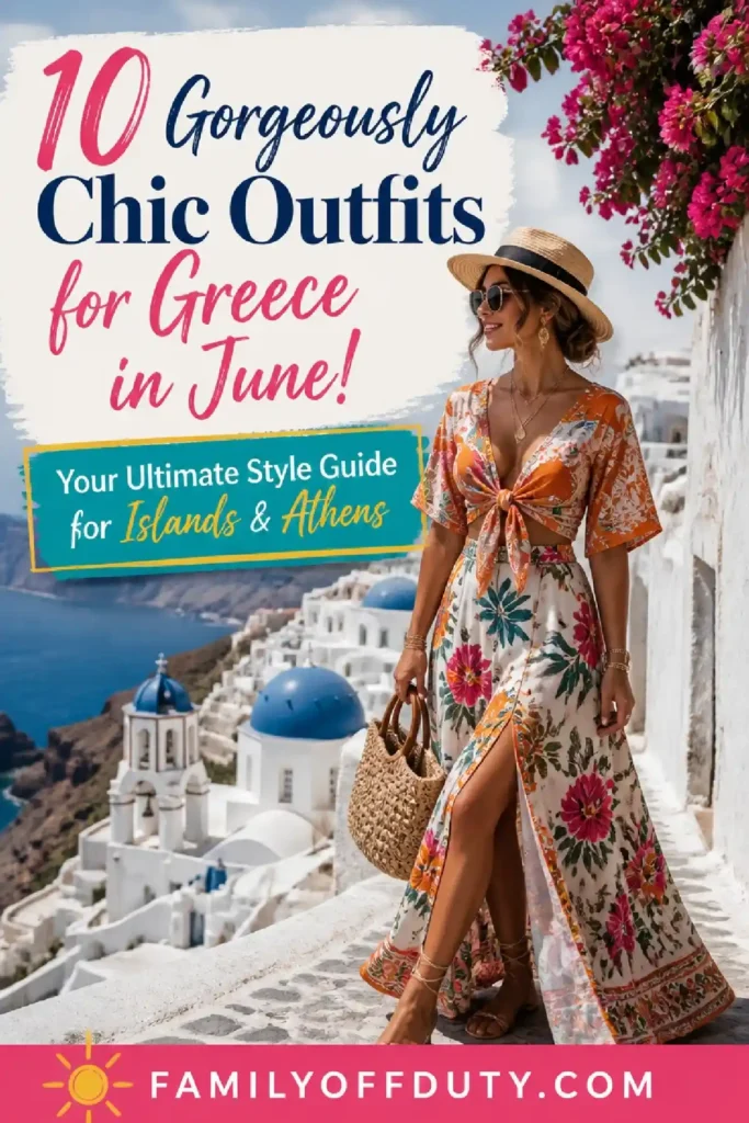 Stylish woman in floral outfit poses in Greece, showcasing chic June outfits for travel to islands and Athens.