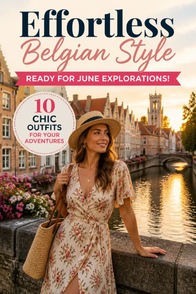 Woman in floral dress and straw hat by a canal in Belgium at sunset, showcasing stylish summer outfit ideas for June.