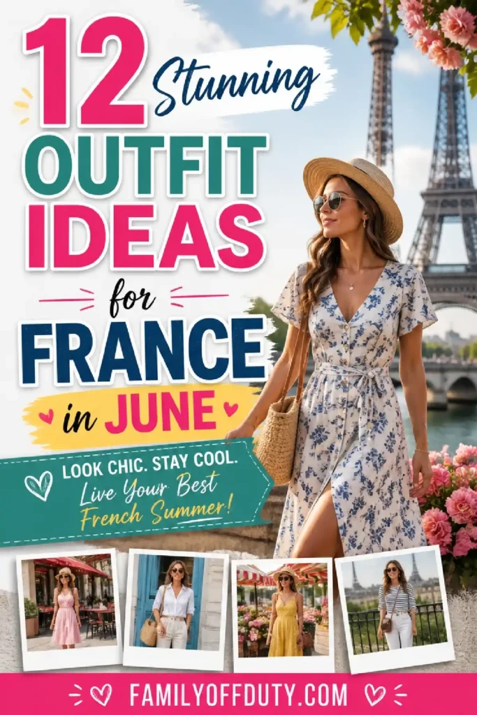 12 stylish outfit ideas for a chic French summer in June, featuring floral dresses and casual looks with the Eiffel Tower.