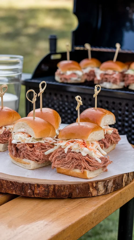 BBQ pulled pork sliders on a grill, topped with coleslaw.