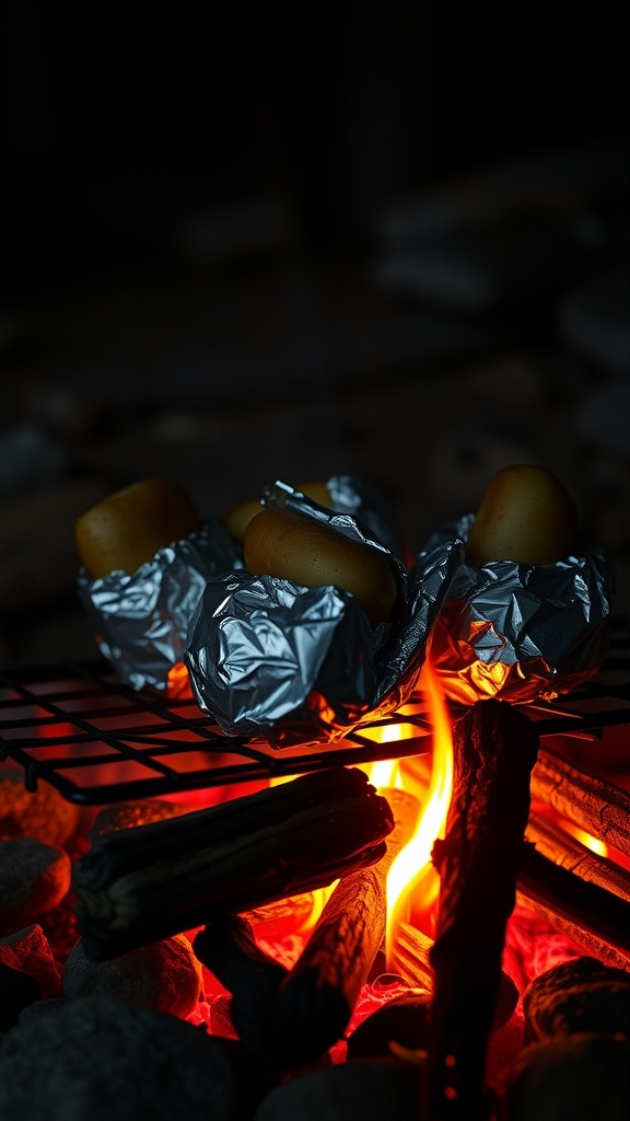 Campfire Baked Potatoes being cooked over an open flame