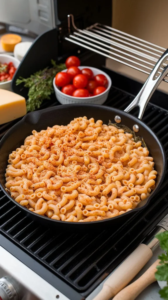 A delicious bowl of mac and cheese cooked outdoors, showcasing creamy pasta with a sprinkle of seasoning.