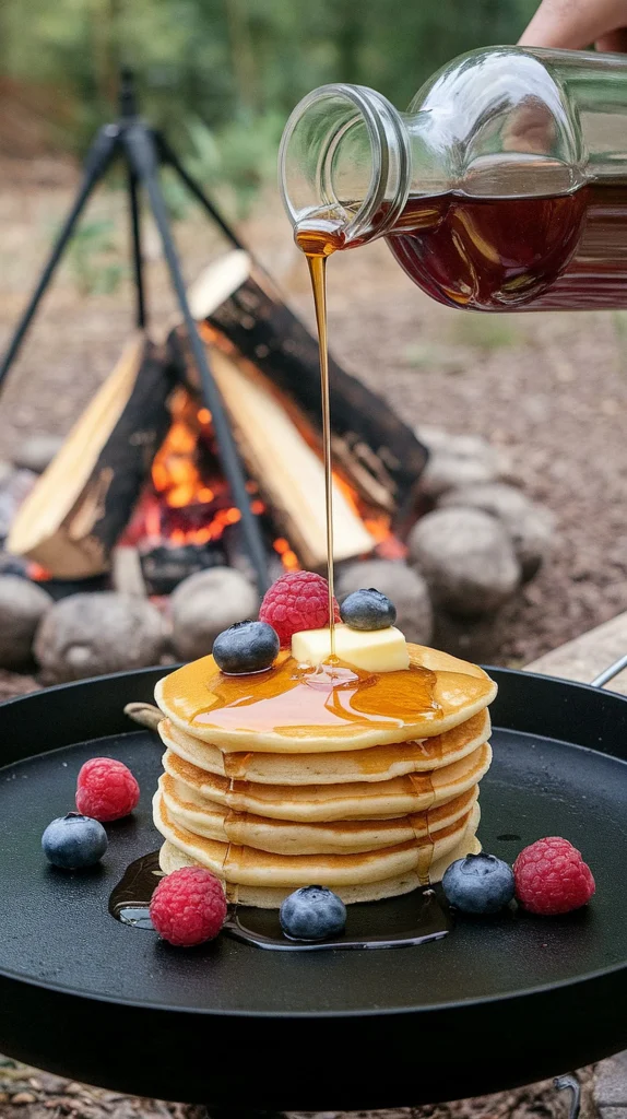 Delicious campfire pancakes drizzled with maple syrup and topped with berries.