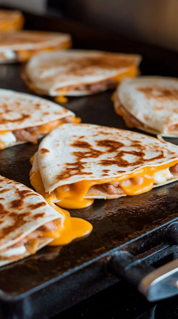 Delicious cheesy chicken quesadillas on a griddle.