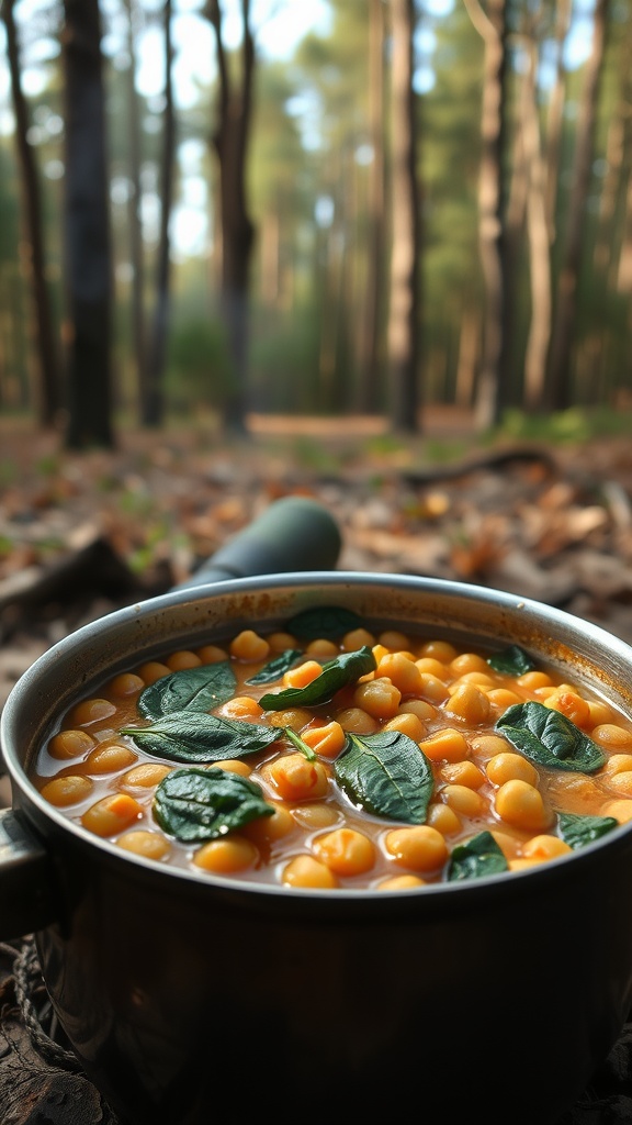 A pot of chickpea and spinach stew simmering outdoors in the forest.