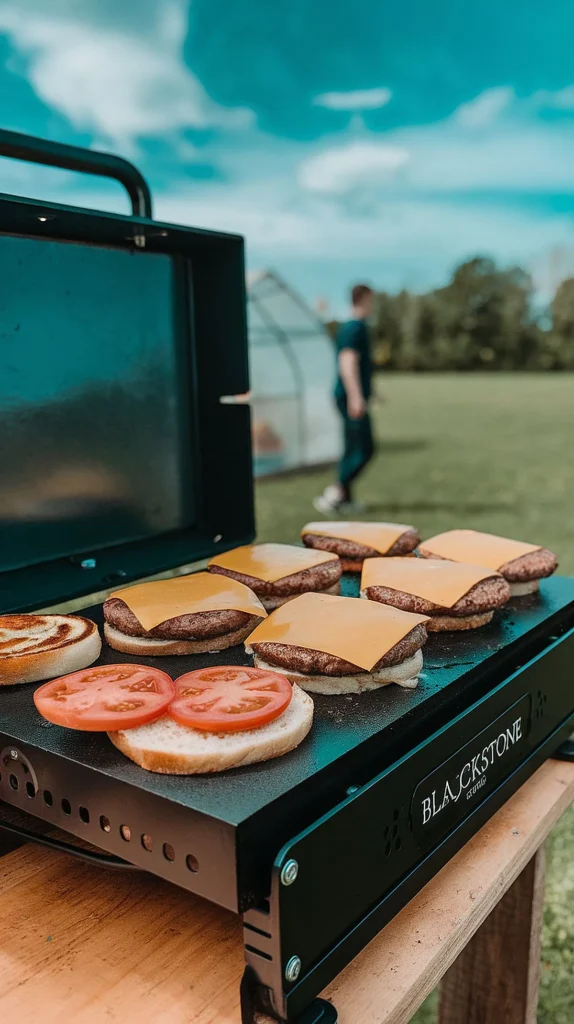 Classic cheeseburgers on a grill with toppings
