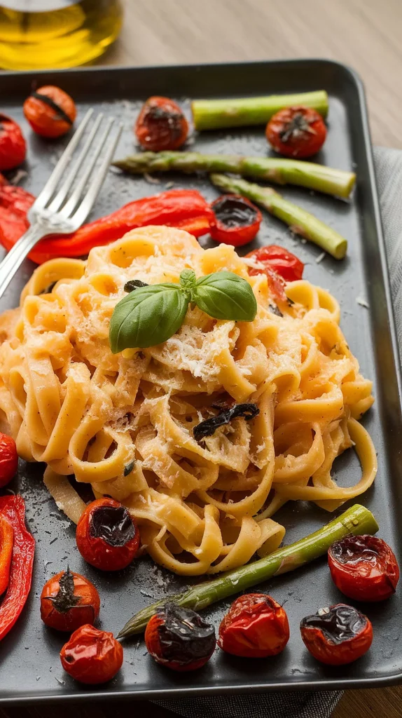 A plate of creamy pasta primavera with grilled vegetables like zucchini, bell peppers, and cherry tomatoes, garnished with basil.