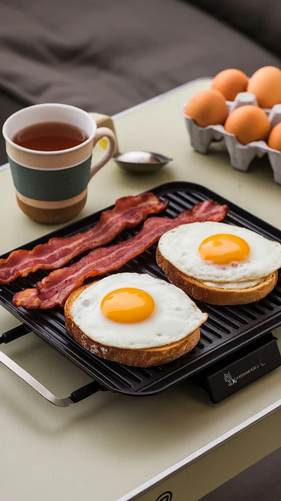 A delicious plate of crispy bacon and egg sandwiches on a griddle.