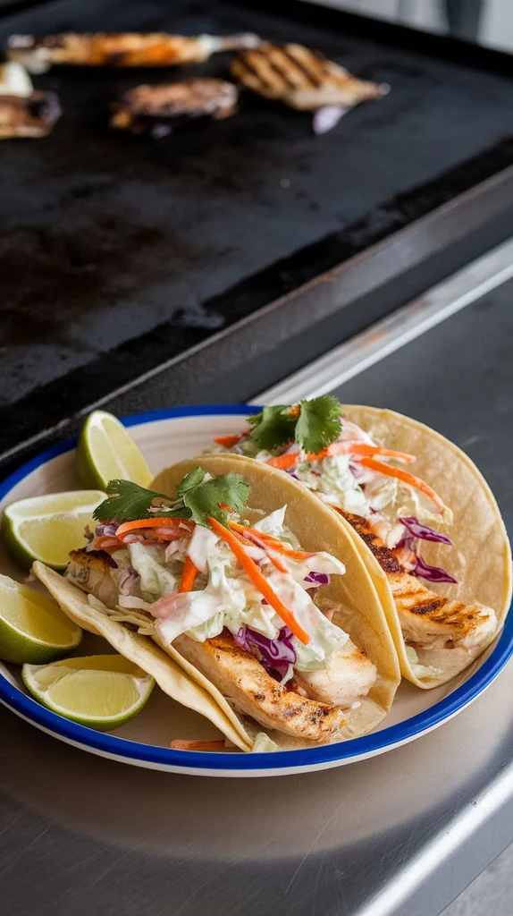 Crispy fish tacos with slaw on a plate, garnished with lime and cilantro.