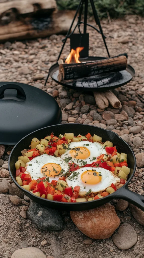 A one-pan breakfast hash with eggs, potatoes, and vegetables.