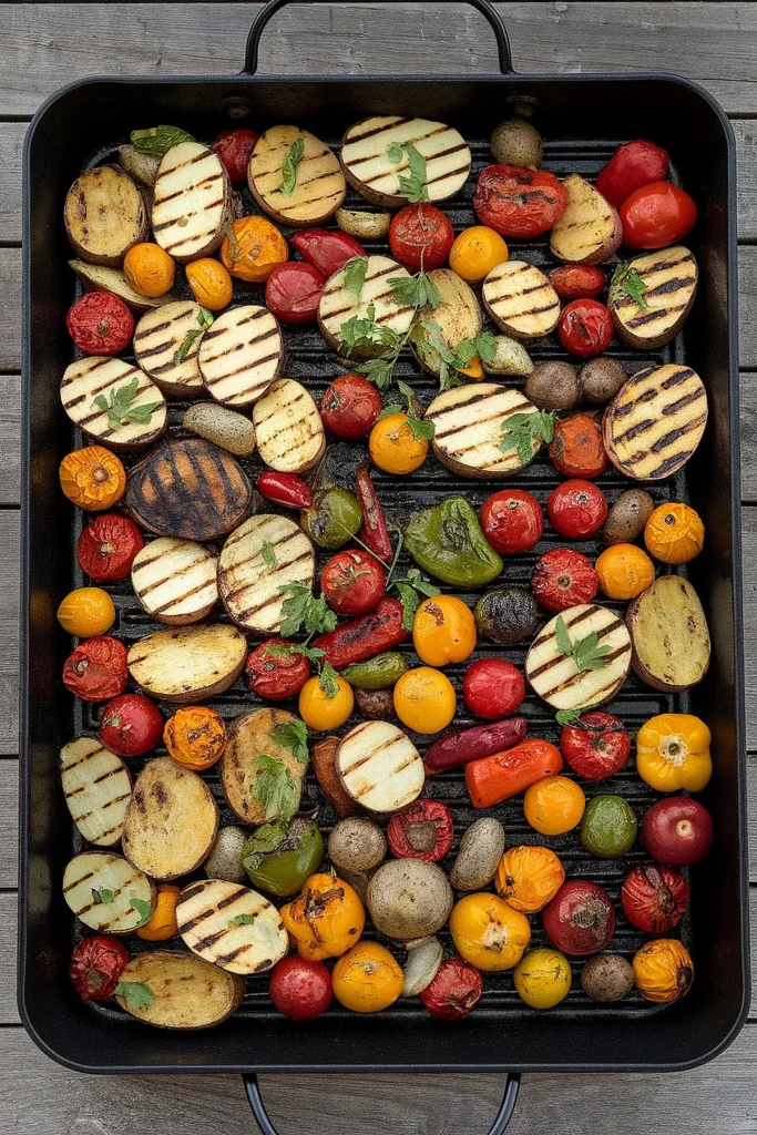 A colorful assortment of grilled vegetables including zucchini, bell peppers, cherry tomatoes, and red onion, seasoned with herbs.