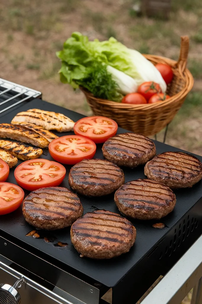 Homemade burgers being grilled on a Blackstone griddle with fresh toppings like lettuce and tomatoes.