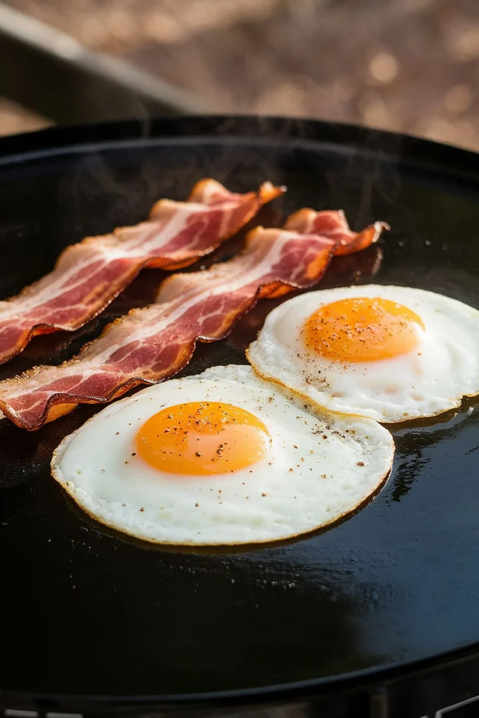 Maple-glazed bacon and eggs cooking on a Blackstone grill.