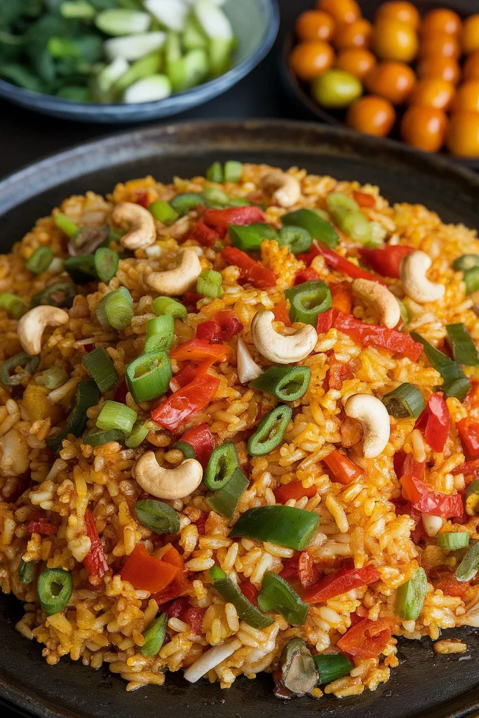 A vibrant plate of pineapple fried rice with cashews, featuring colorful vegetables.