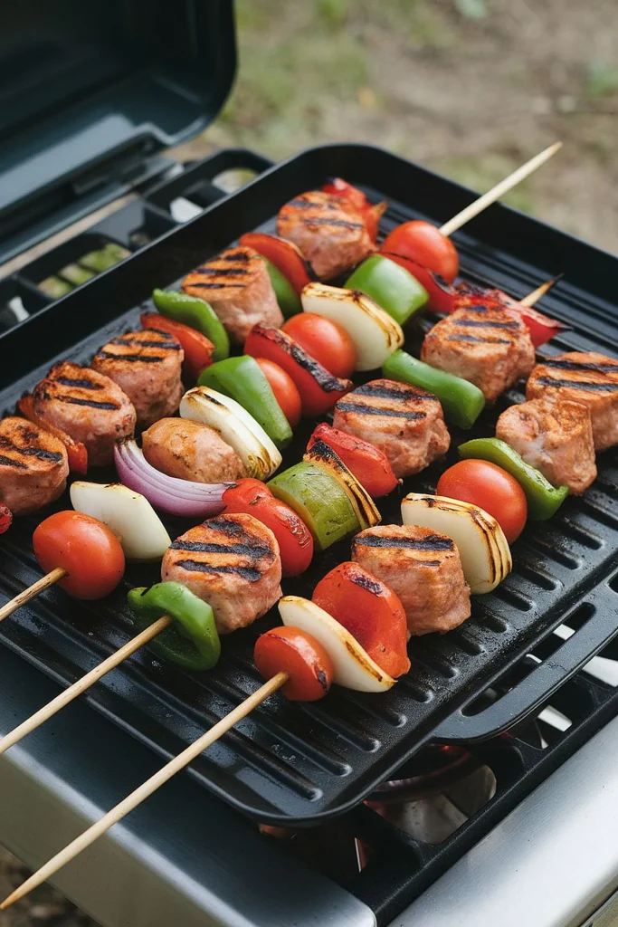 Savory breakfast skewers with sausages and vegetables on a grill.