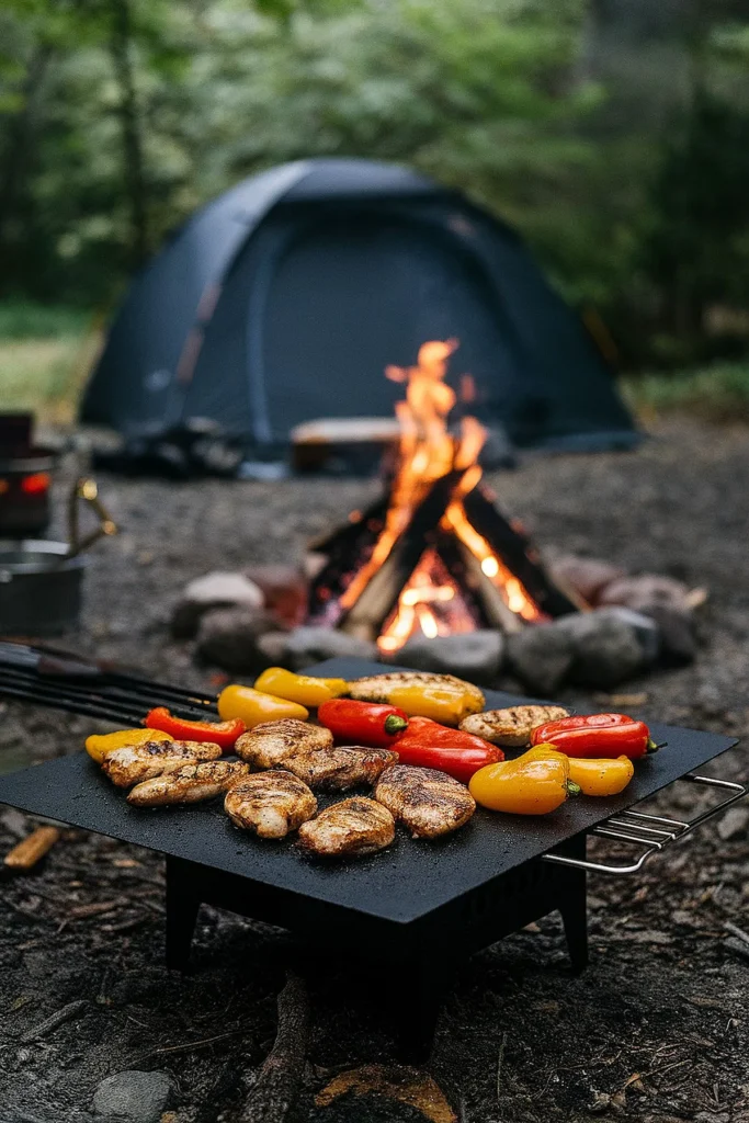 A delicious display of grilled chicken fajitas with colorful peppers and onions on a Blackstone grill.