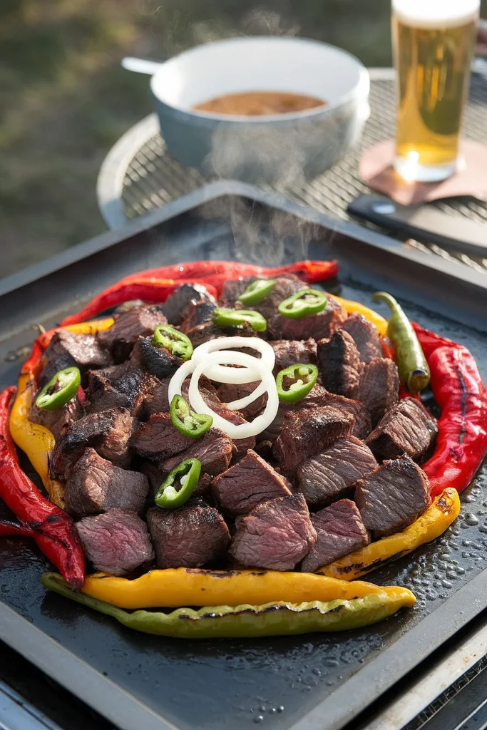 Delicious sizzling steak fajitas with colorful peppers on a griddle.