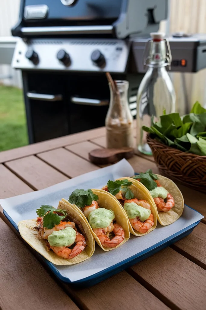 Spicy shrimp tacos served with avocado crema and garnished with cilantro.