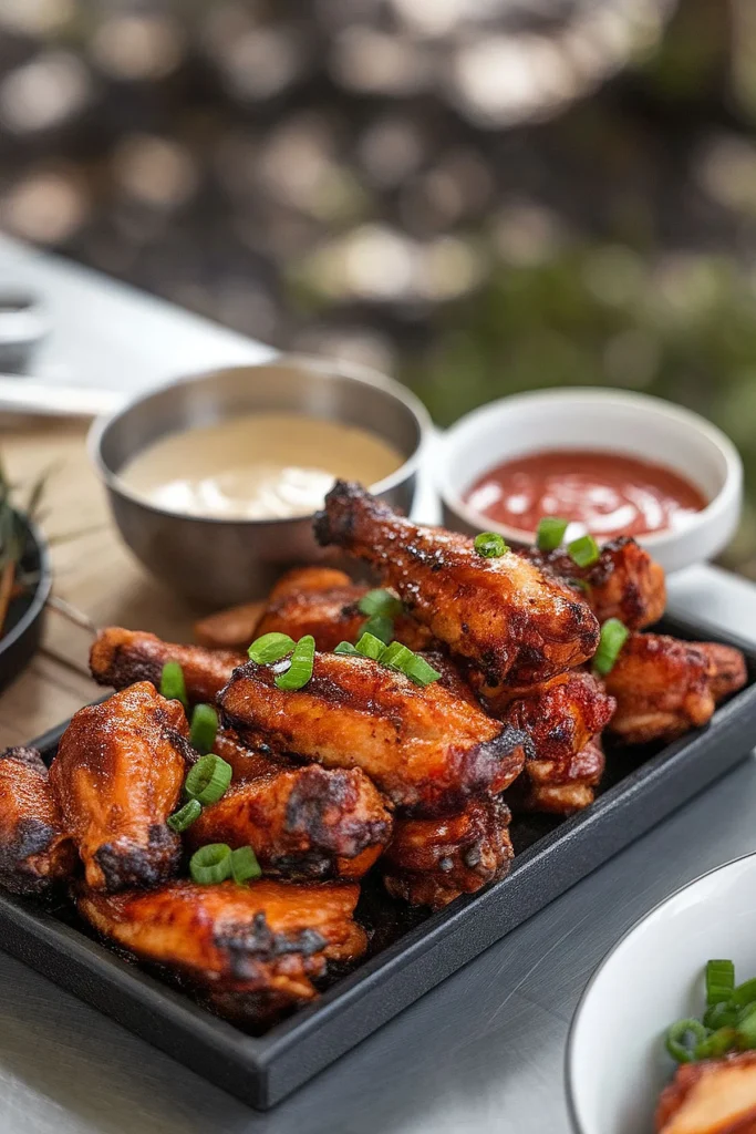 Delicious sweet and spicy chicken wings on a grill with sauces