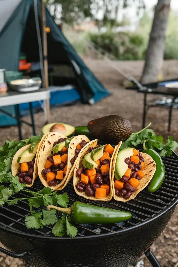 Delicious sweet potato and black bean tacos with fresh toppings on a grill.