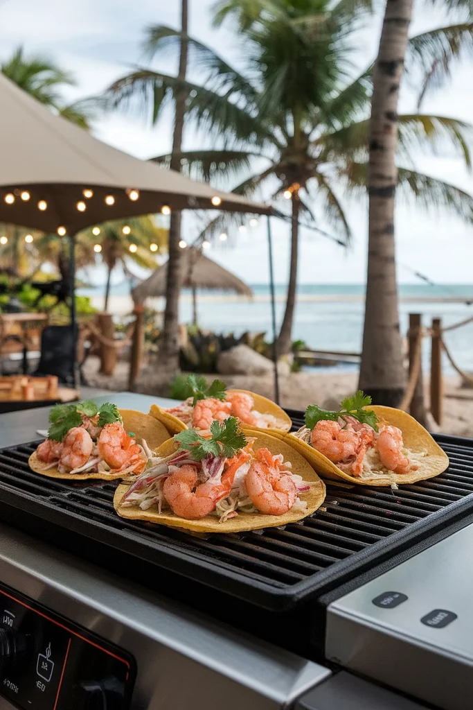 Delicious shrimp tacos with fresh slaw ready for camping.