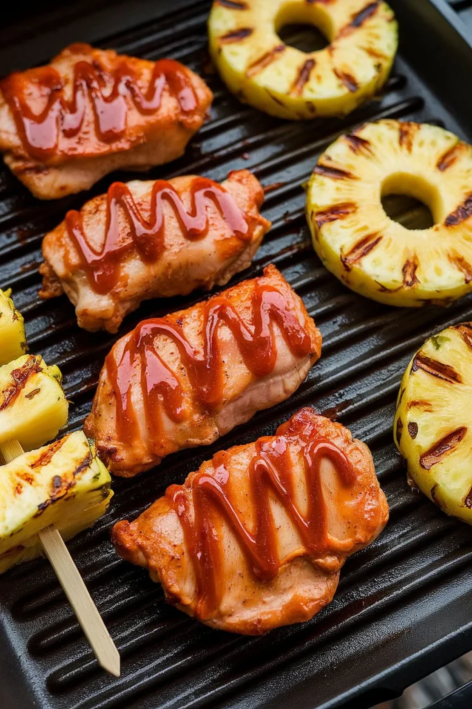 Grilled teriyaki chicken and pineapple on a grill.
