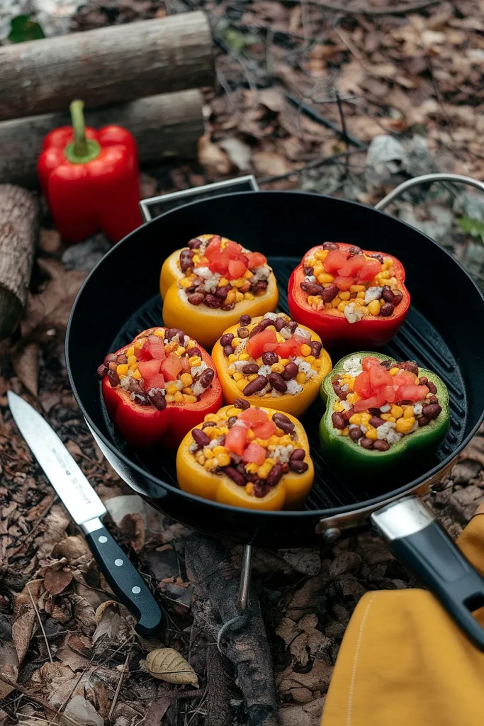 Vegetarian stuffed peppers filled with rice and beans, ready for grilling.