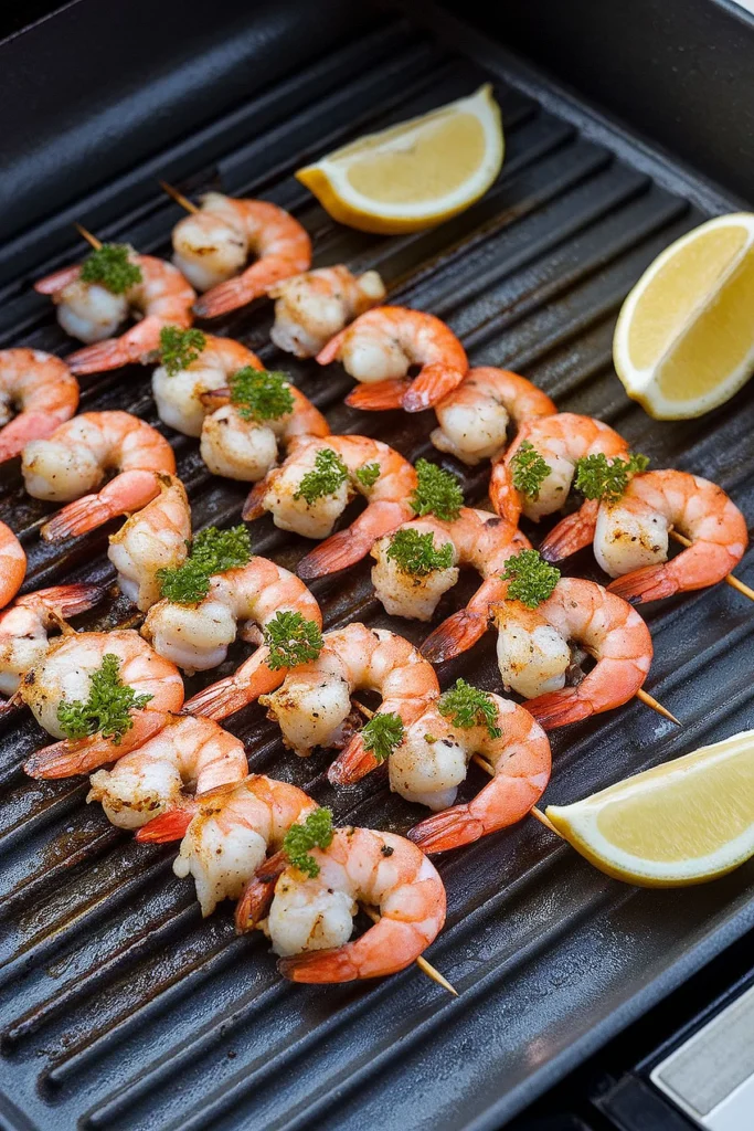 Zesty lemon garlic shrimp skewers on a grill with lemon wedges.