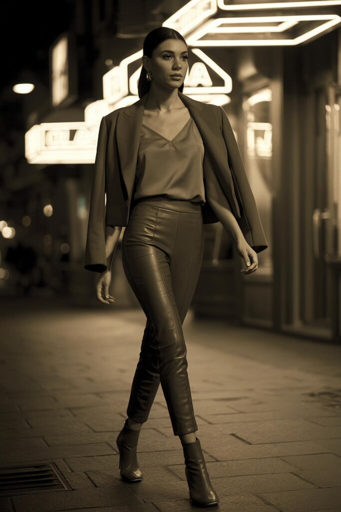 Fashionable woman walking at night in stylish outfit, city lights in background.