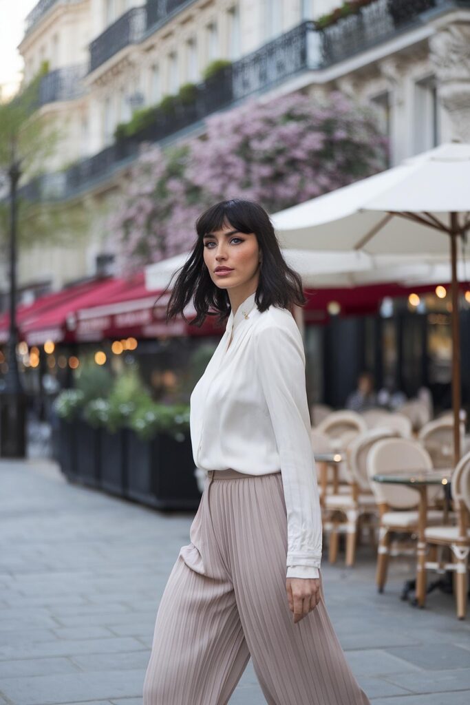 Stylish woman in white blouse and pleated pants walking in a chic outdoor cafe setting with red awnings.