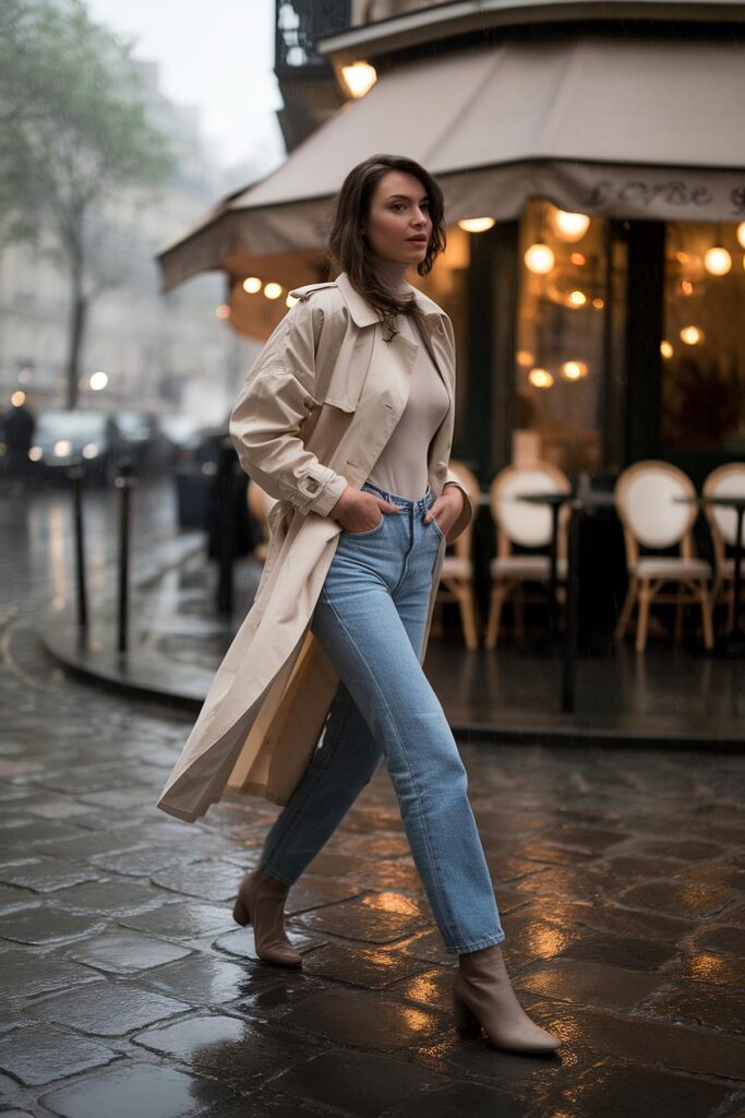 Fashionable woman in trench coat and jeans walking on a rainy Paris street near a cozy café.