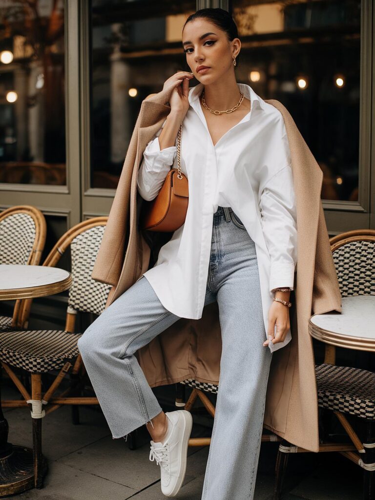 Stylish woman in casual chic outfit with white shirt and jeans, posing at outdoor cafe.