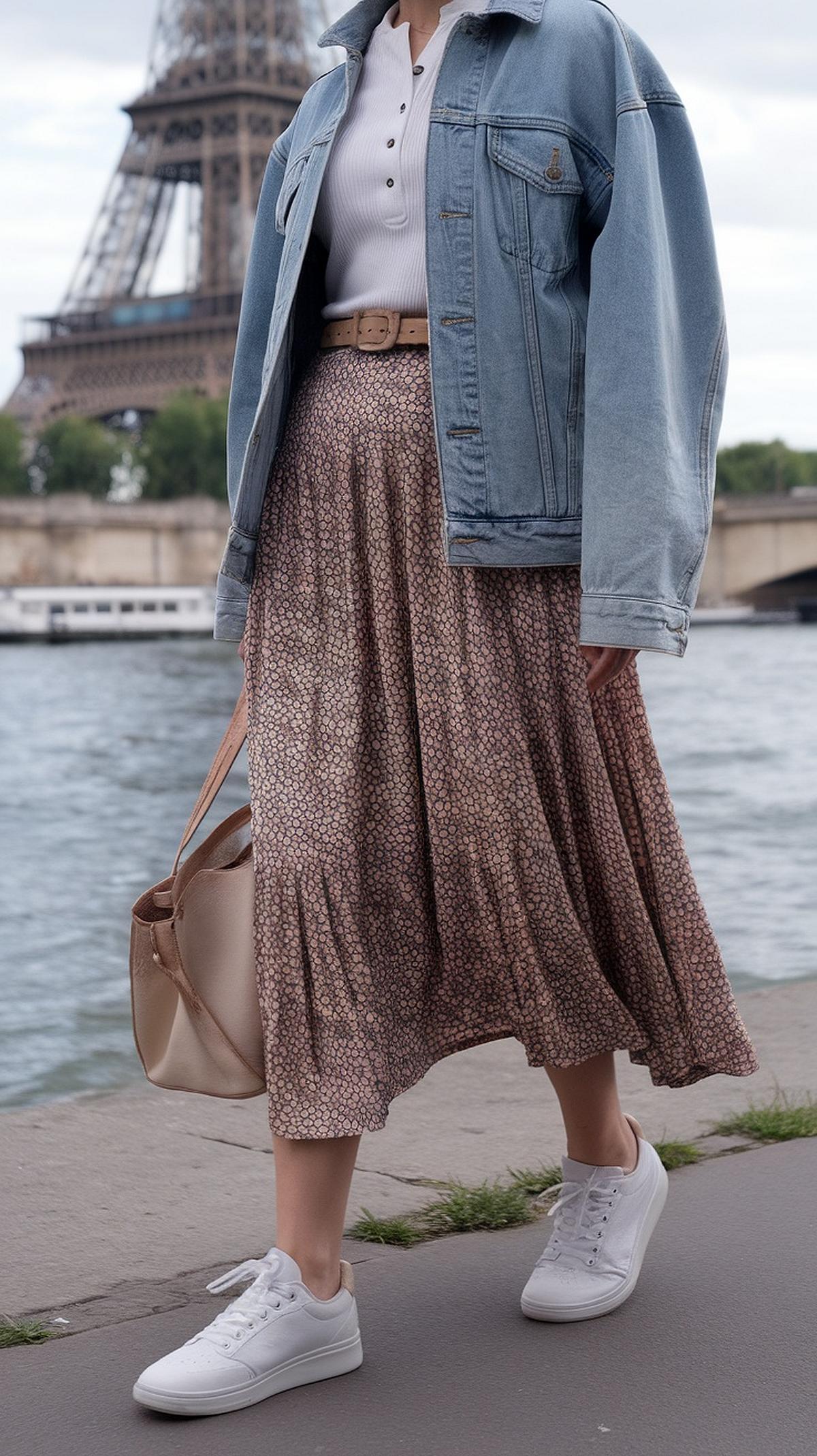 Woman in denim jacket and floral skirt walking by Seine River, Paris, with Eiffel Tower in the background.