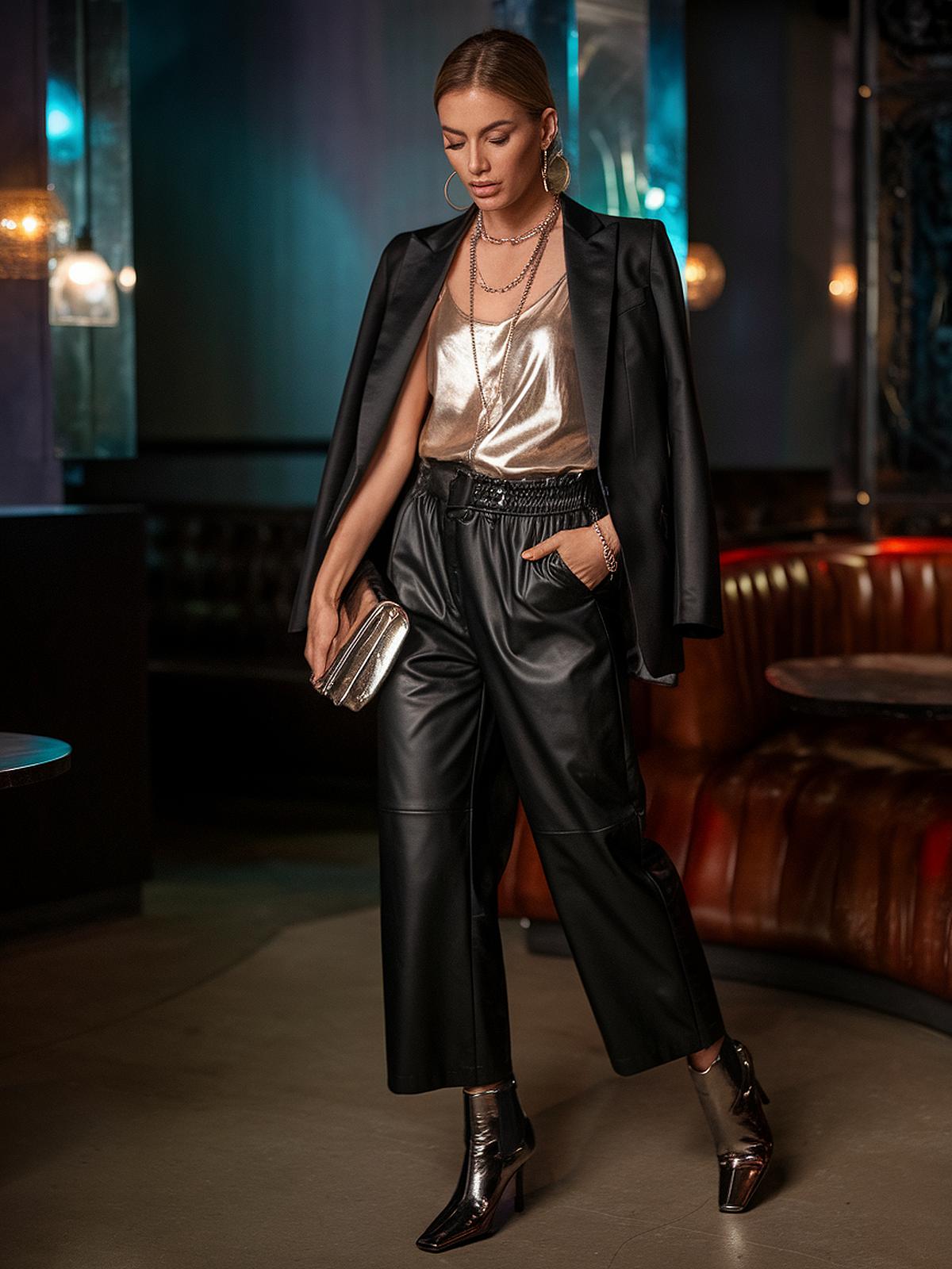 Stylish woman in metallic top and leather outfit, accessorized with jewelry, walking in modern lounge bar.