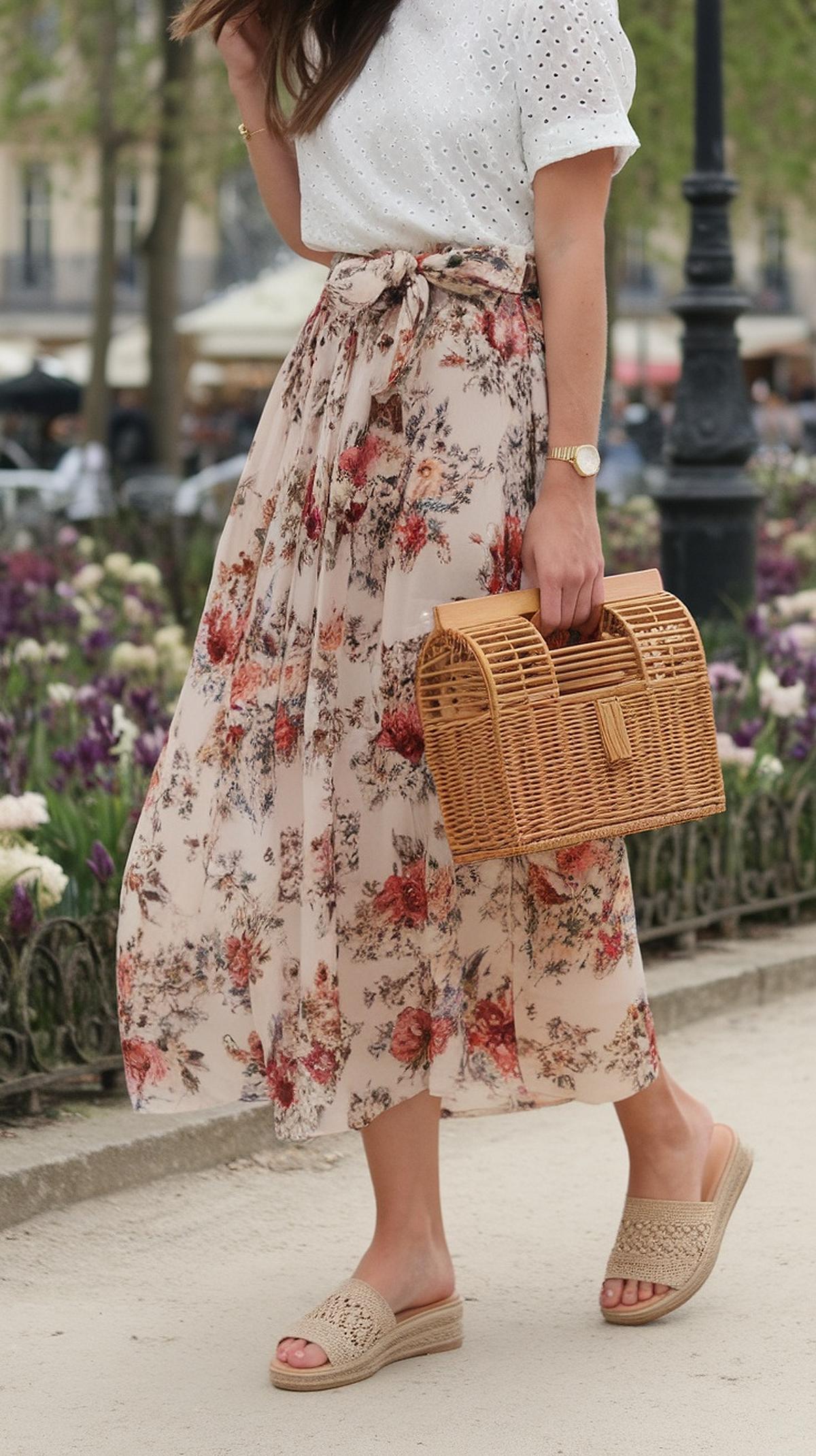 Woman in floral skirt with wicker bag walks in park, showcasing chic summer fashion.