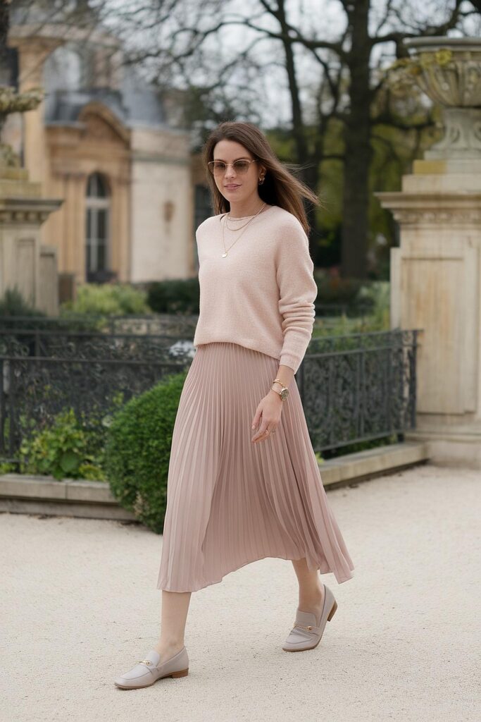 Woman in a stylish pink sweater and pleated skirt walking in a garden setting.