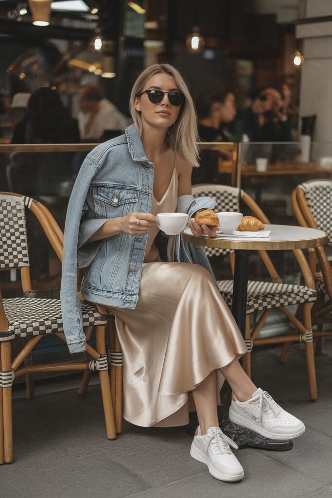Fashionable woman in denim jacket and silk dress enjoying coffee and croissant at an outdoor café.