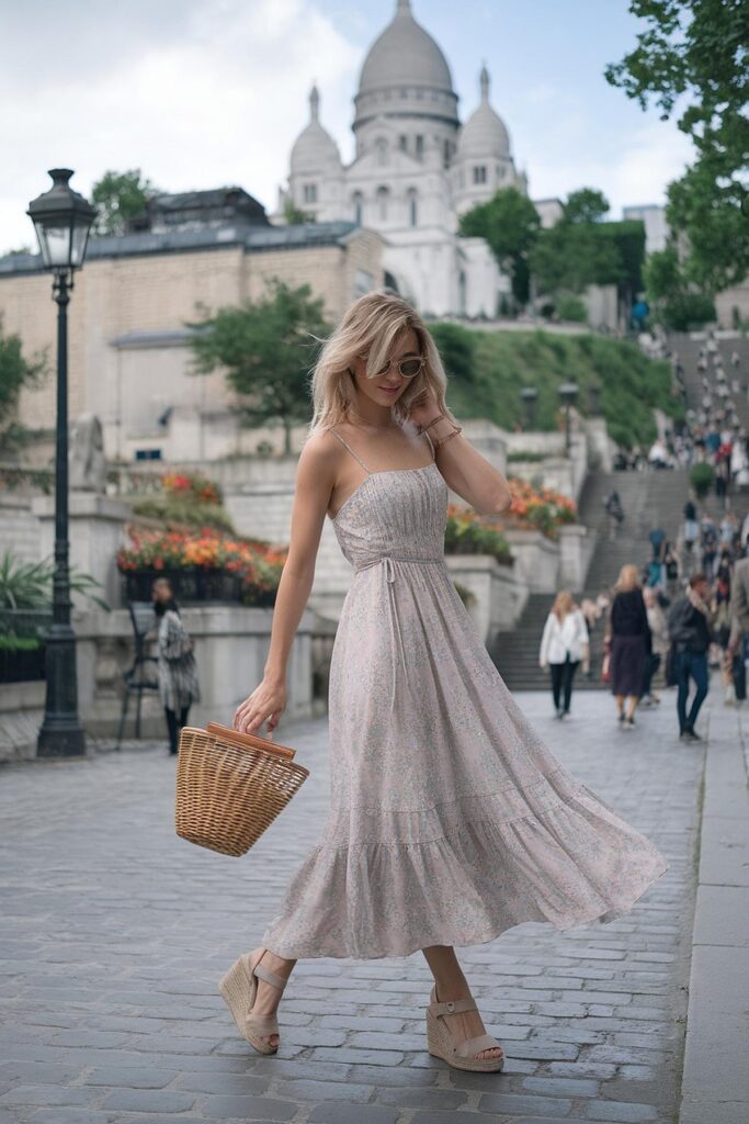 Woman in a flowing dress and sunglasses walks in Montmartre, Paris, near Sacré-Cœur, holding a wicker bag.