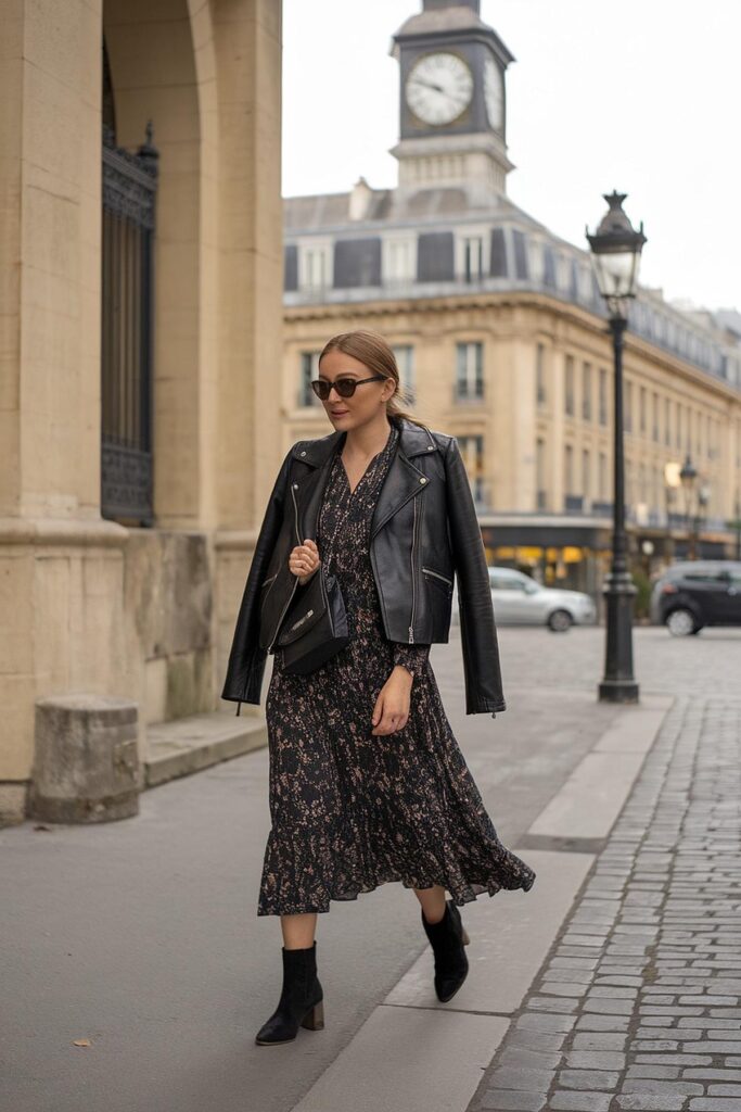 Stylish woman in a floral dress and leather jacket walking on a city street with clocktower in the background.