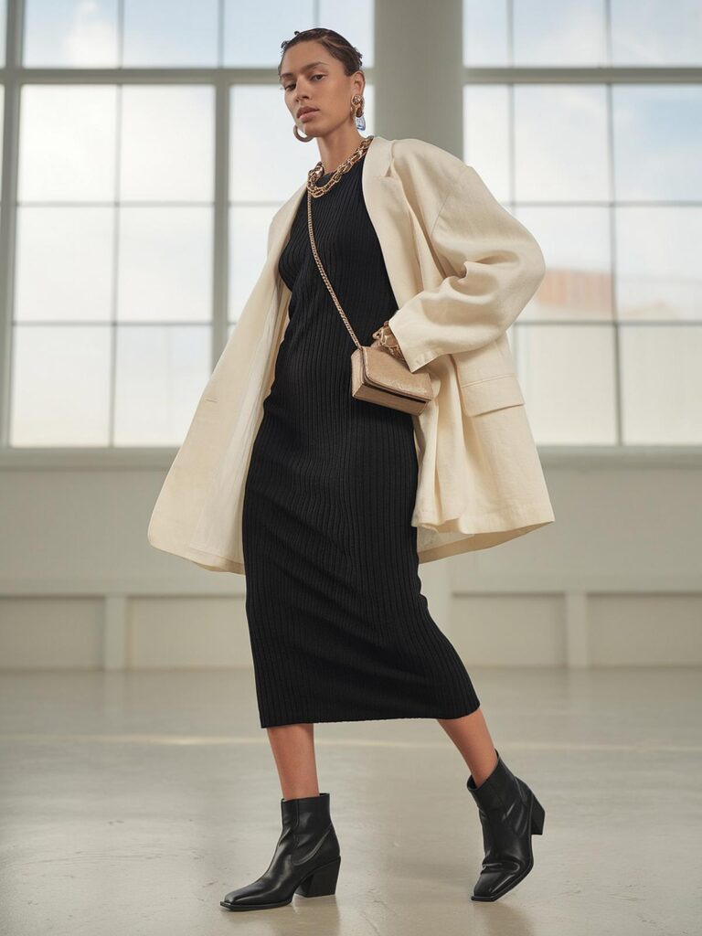 Stylish woman in black dress and cream coat with boots, standing confidently in modern interior.