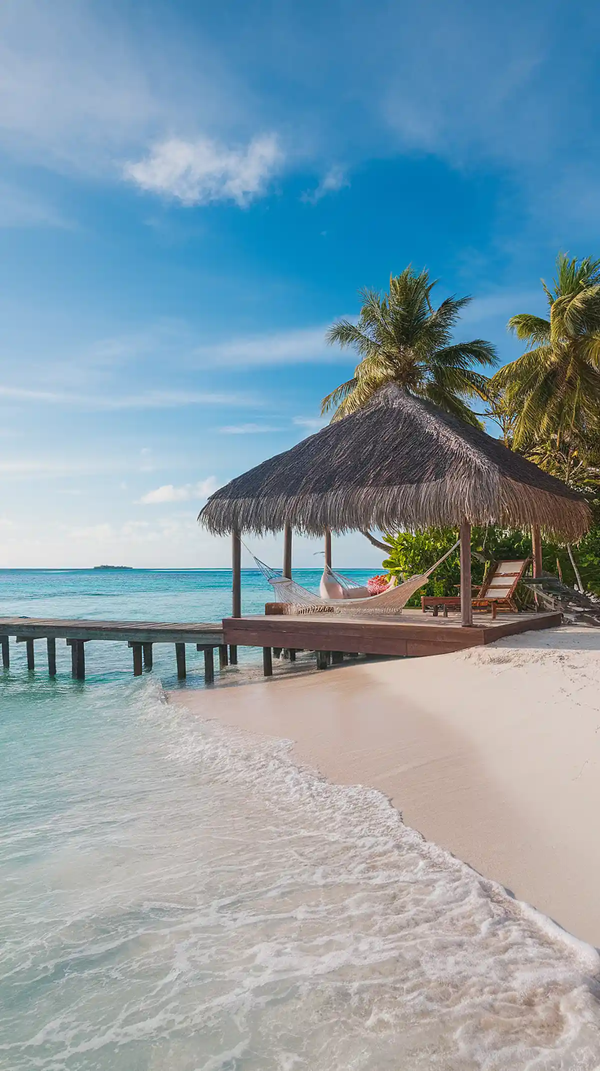 Tropical beach with palm trees, wooden deck, and hammock by turquoise sea under clear blue sky.