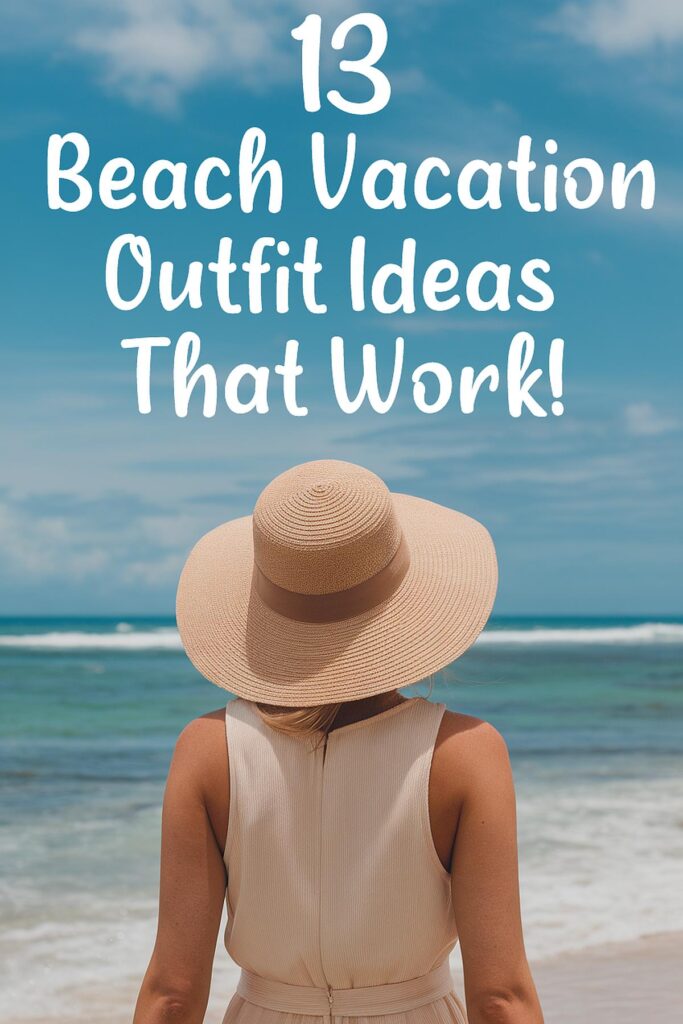 Woman in sunhat on beach with text 13 Beach Vacation Outfit Ideas That Work over ocean background.
