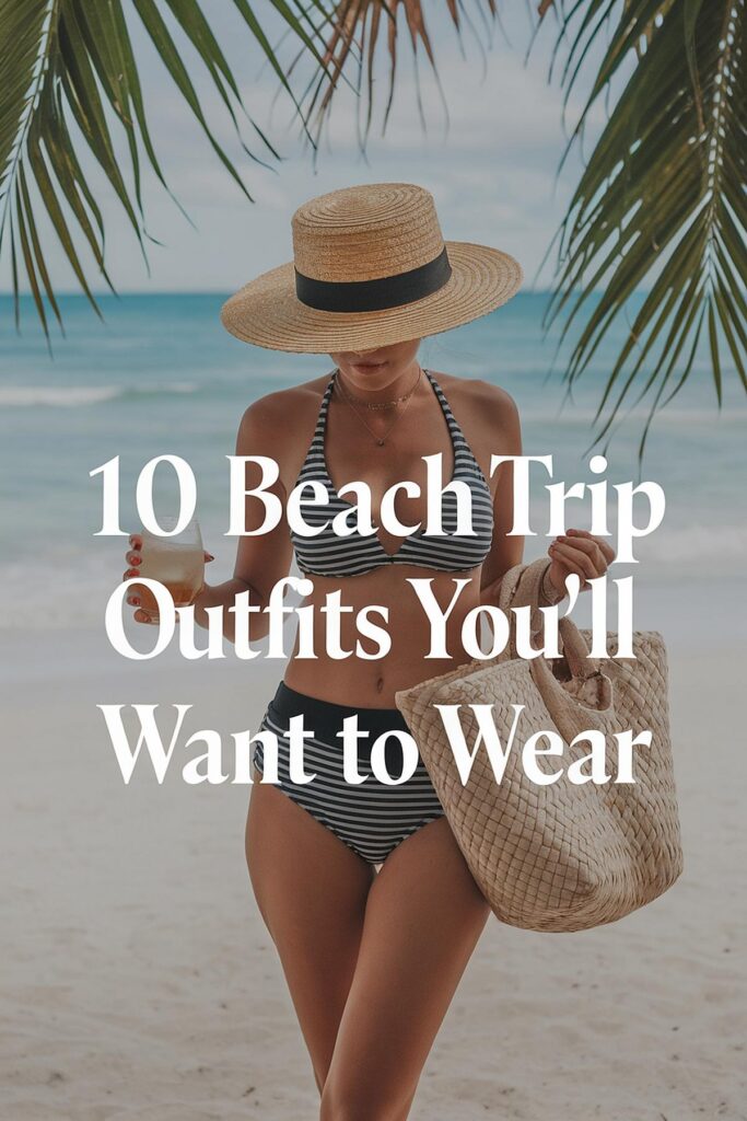 Woman in stylish beachwear under a palm tree, promoting top 10 beach trip outfits.