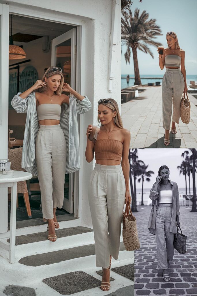 Woman in stylish summer outfits with straw bag, enjoying drinks by the seaside and cityscape.