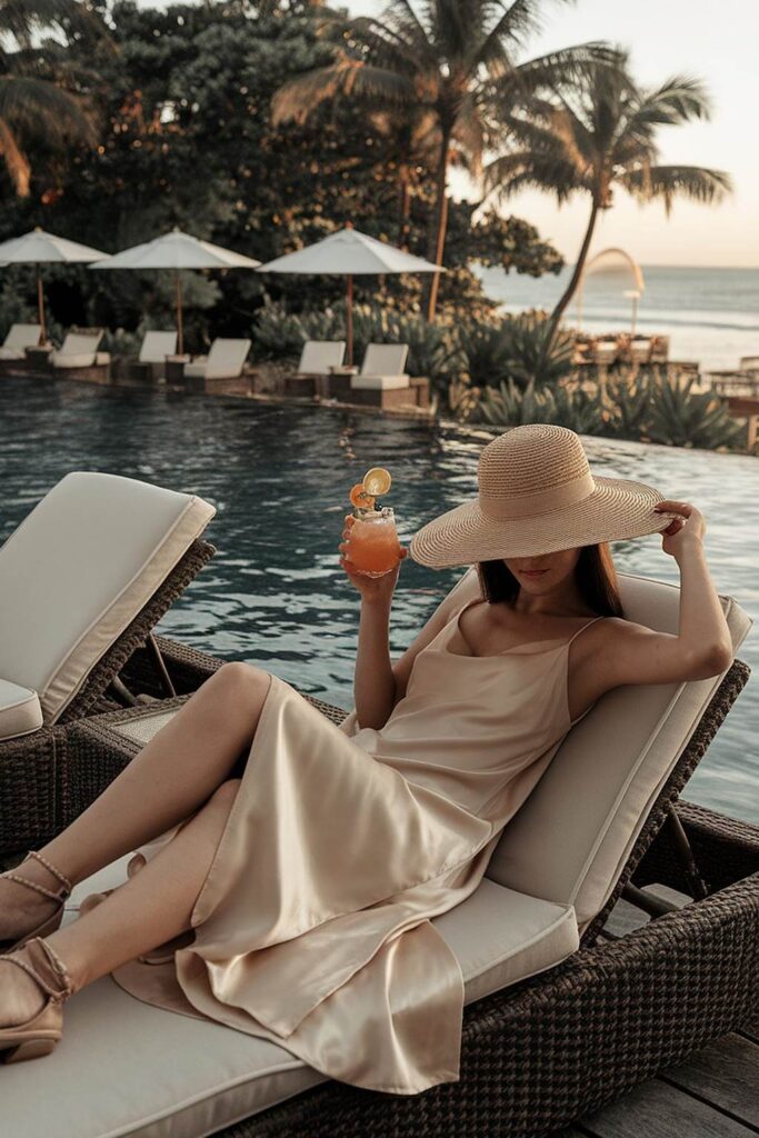 Woman relaxing by a pool with a cocktail, wearing a sun hat, surrounded by palm trees and loungers in the background.