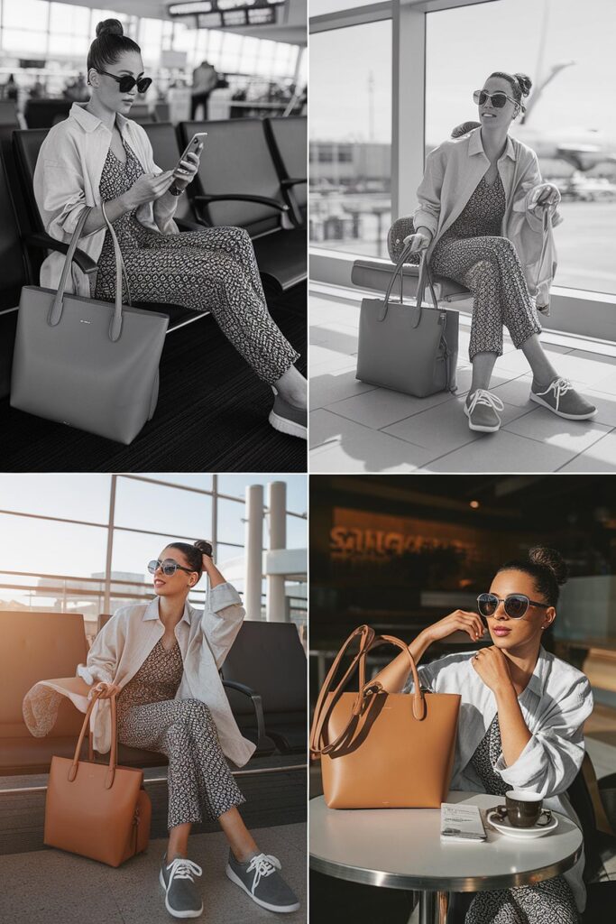 Woman seated in airport lounge with sunglasses and tote bag, checking phone and relaxing with coffee.