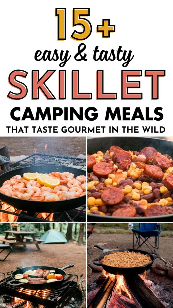 15+ Easy Camping Skillet Meals: Tasty Gourmet Recipes Outdoors with Shrimp, Sausage, and Veggies Over Fire.