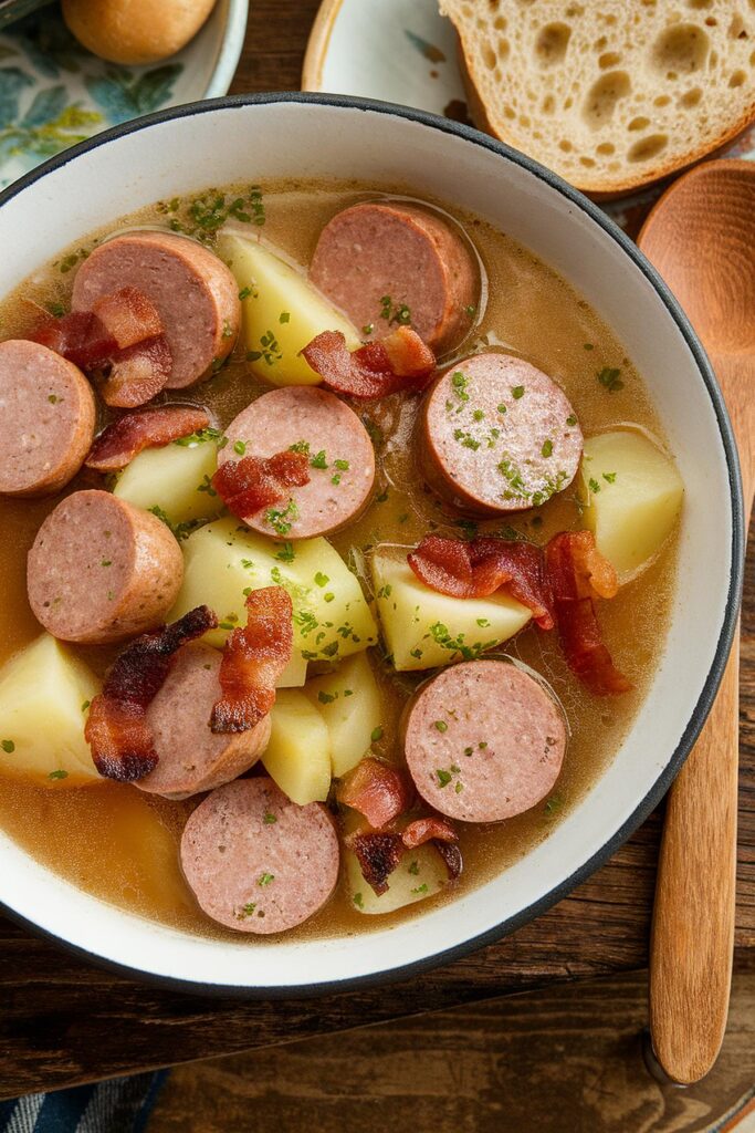 Rustic stew with sausage, potatoes, and bacon in a bowl, served with bread on wooden table. Comfort food dish.